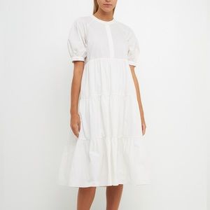 English Factory 100% cotton midi white tiered dress with puff sleeves and pocket